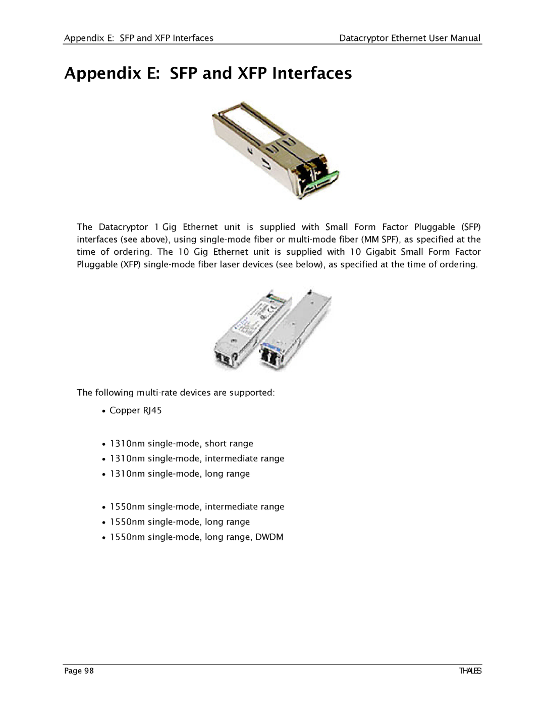 Angenieux 1270A450-005 user manual Appendix E SFP and XFP Interfaces 