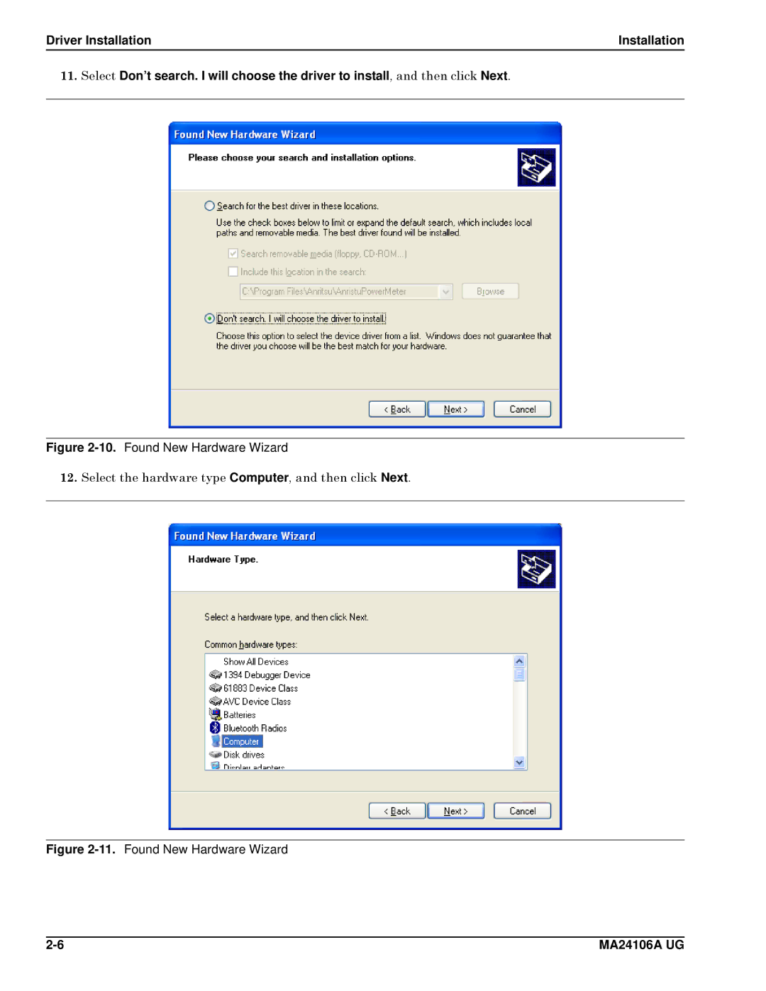 Anritsu 0701012, MA24106A manual Select the hardware type Computer, and then click Next 