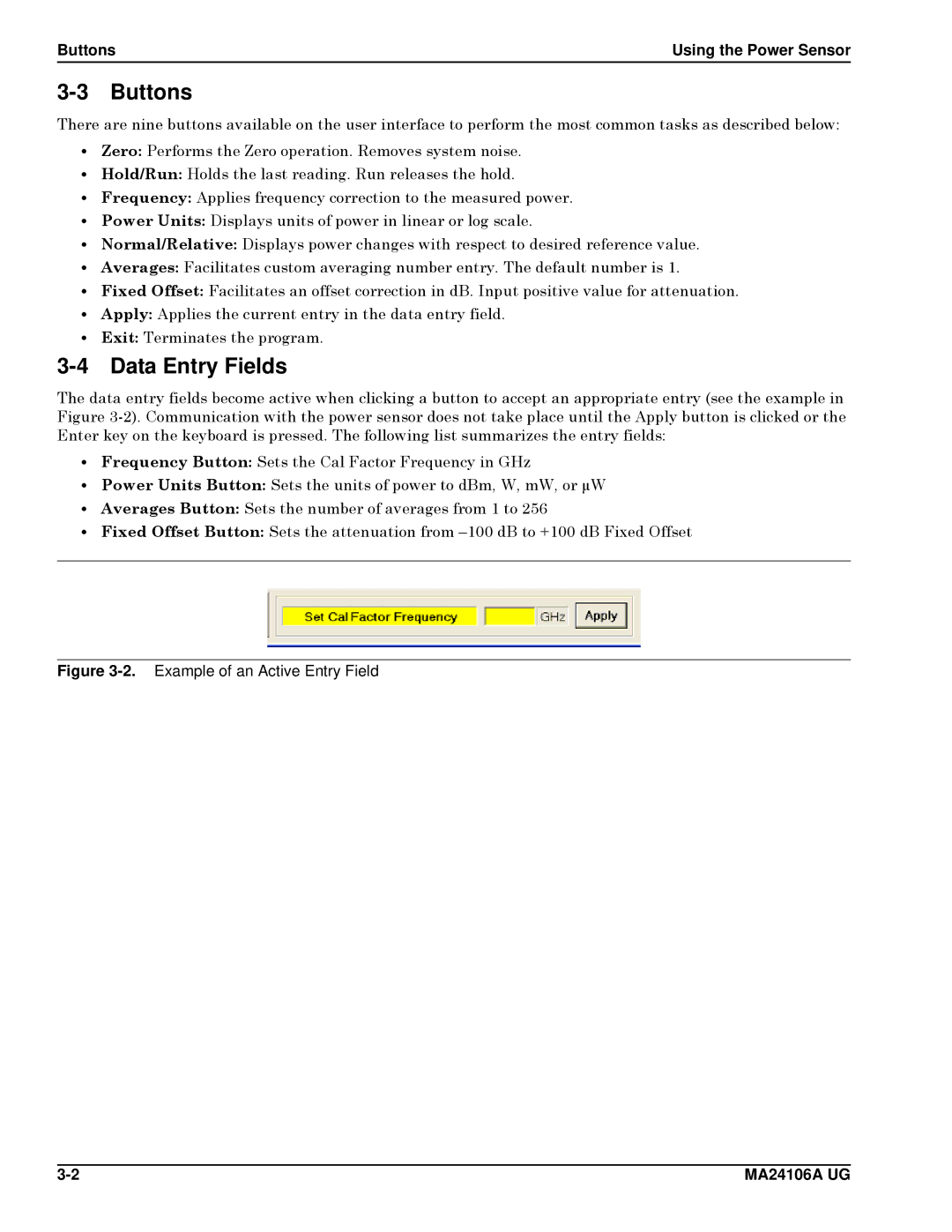 Anritsu 0701012, MA24106A manual Data Entry Fields, Buttons Using the Power Sensor 