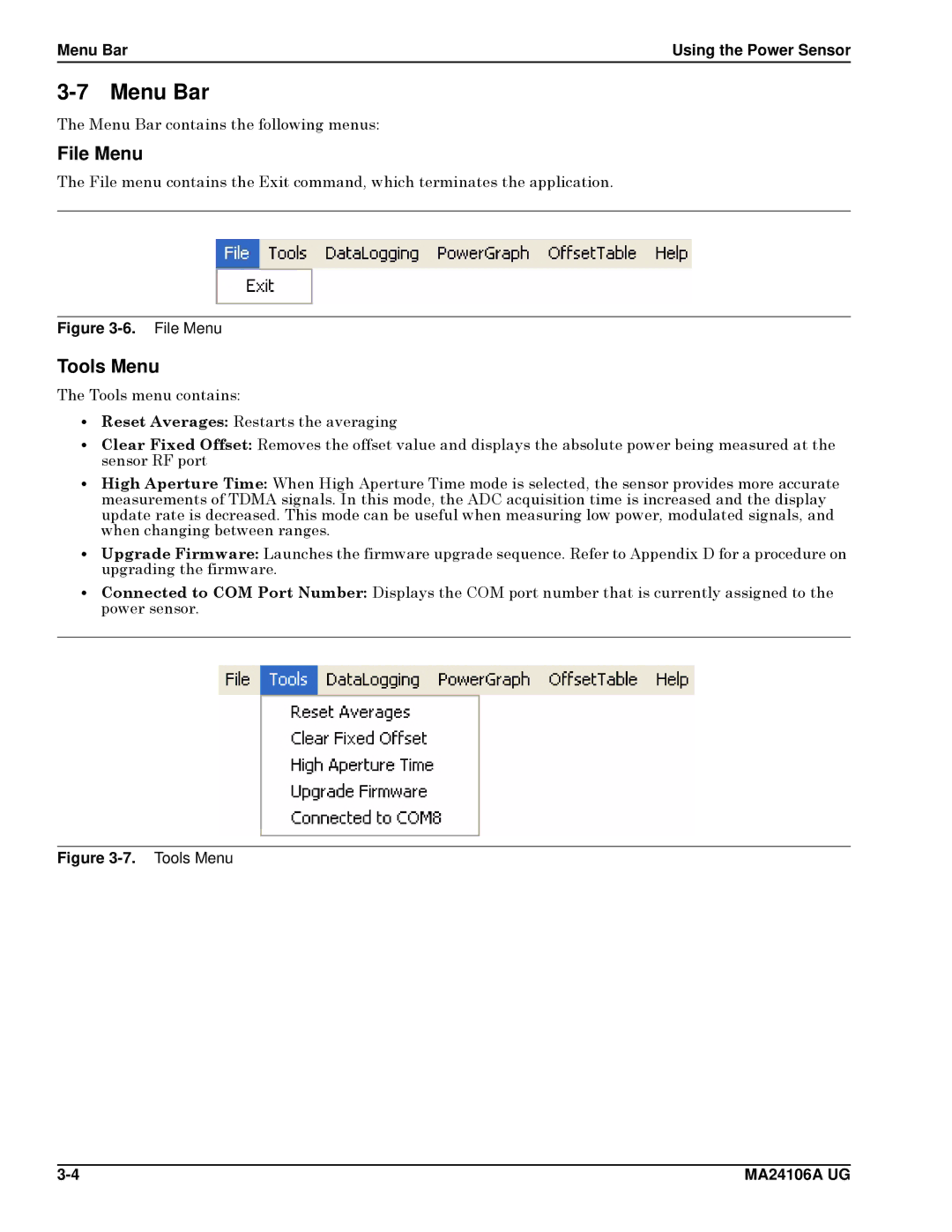 Anritsu 0701012, MA24106A manual File Menu, Tools Menu, Menu Bar Using the Power Sensor 