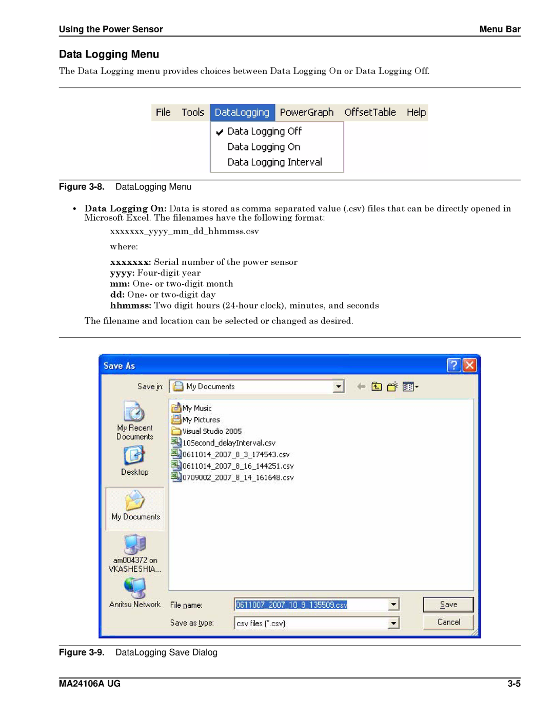 Anritsu MA24106A, 0701012 manual Data Logging Menu, DataLogging Menu 