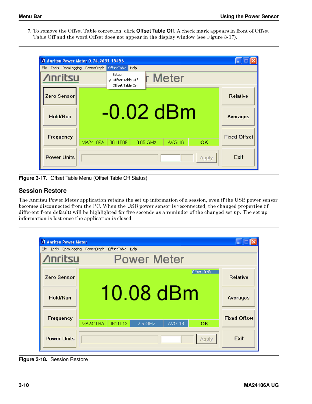 Anritsu 0701012, MA24106A manual Session Restore, Offset Table Menu Offset Table Off Status 