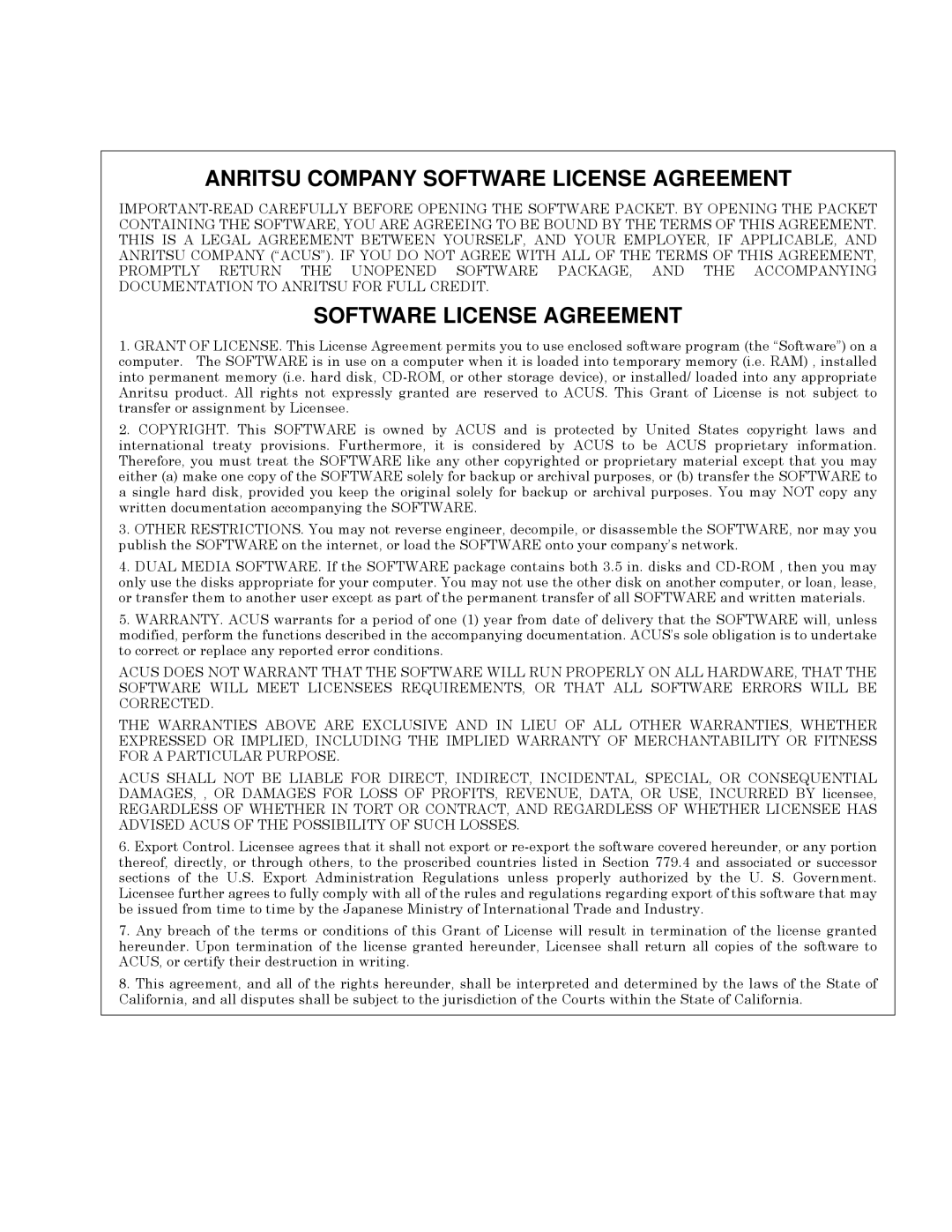 Anritsu MA24106A, 0701012 manual Anritsu Company Software License Agreement 