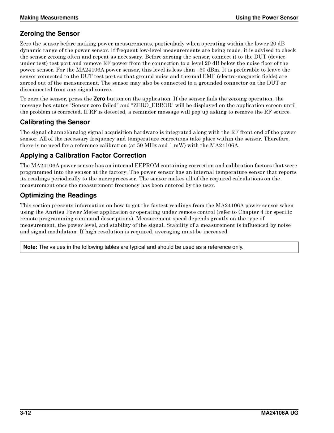 Anritsu 0701012, MA24106A manual Zeroing the Sensor, Calibrating the Sensor, Applying a Calibration Factor Correction 