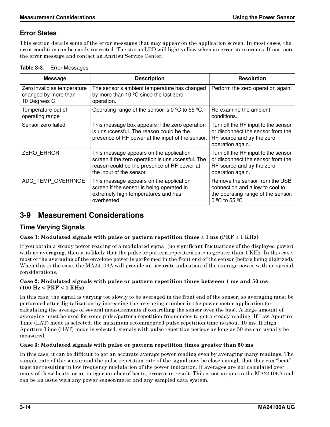 Anritsu 0701012, MA24106A Measurement Considerations, Error States, Time Varying Signals, Message Description Resolution 