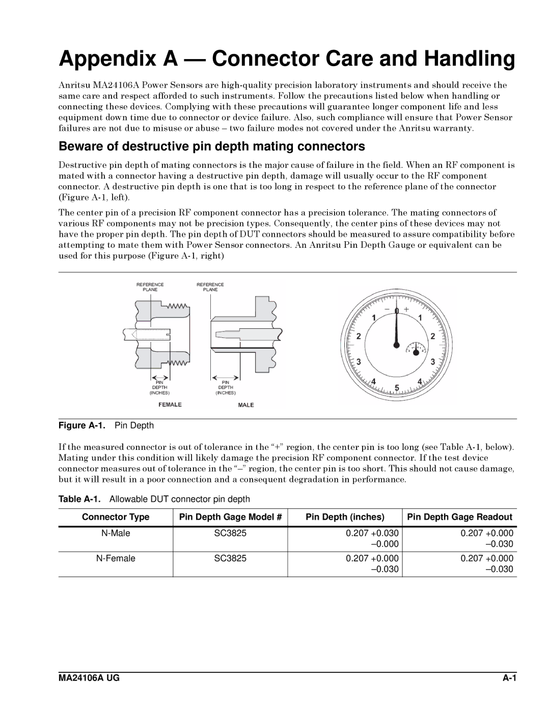 Anritsu MA24106A, 0701012 manual Appendix a Connector Care and Handling, Beware of destructive pin depth mating connectors 