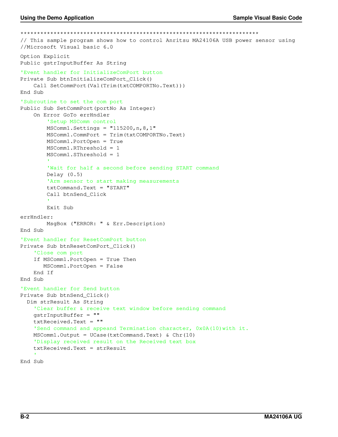 Anritsu 0701012, MA24106A manual Using the Demo Application Sample Visual Basic Code 