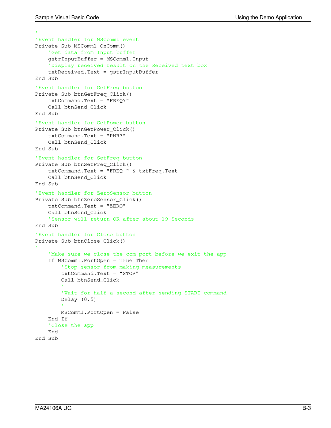 Anritsu MA24106A, 0701012 manual Sample Visual Basic Code Using the Demo Application 