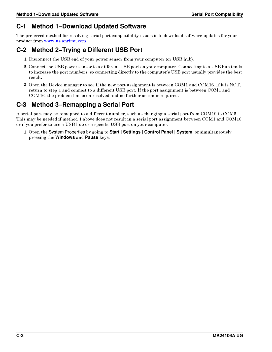 Anritsu 0701012, MA24106A manual Method 3-Remapping a Serial Port, Method 1-Download Updated Software 