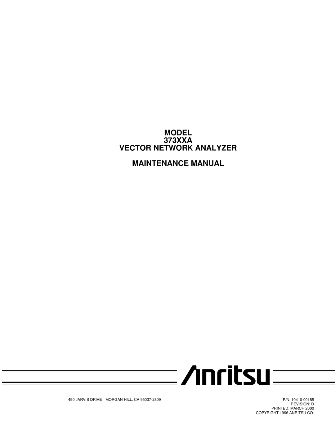 Anritsu manual Model 373XXA Vector Network Analyzer Maintenance Manual 