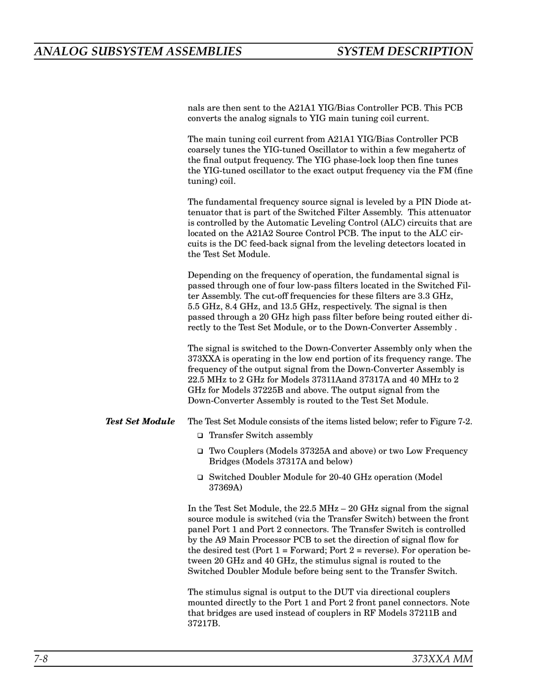 Anritsu 373XXA manual Analog Subsystem Assemblies, System Description 