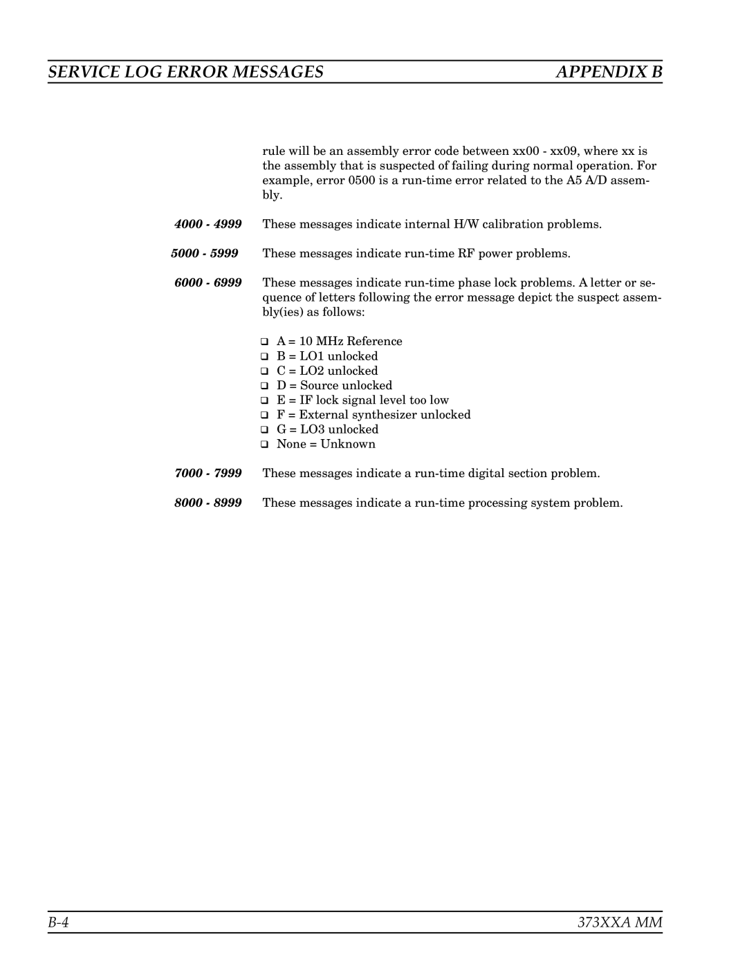 Anritsu 373XXA manual Service LOG Error Messages Appendix B 