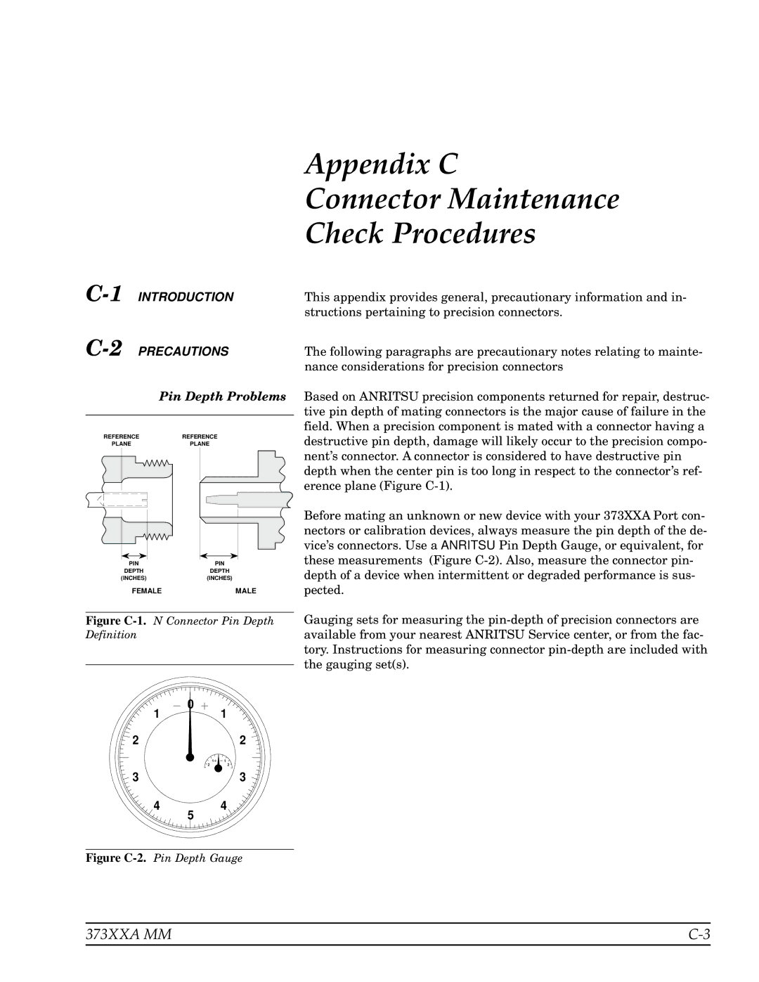 Anritsu 373XXA manual Appendix C Connector Maintenance Check Procedures, 1INTRODUCTION 2PRECAUTIONS, Pin Depth Problems 