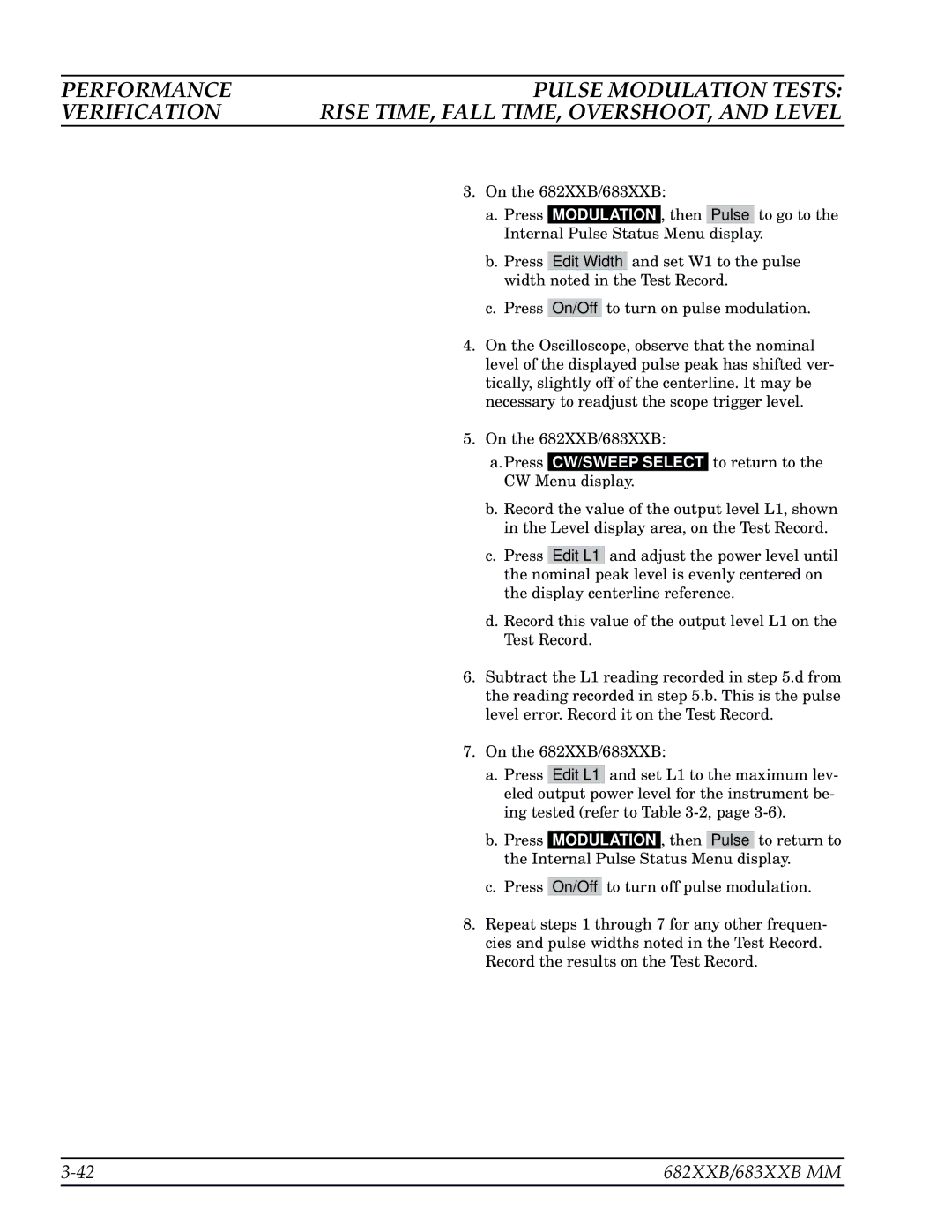 Anritsu 682XXB, 683XXB manual Performance Pulse Modulation Tests Verification 