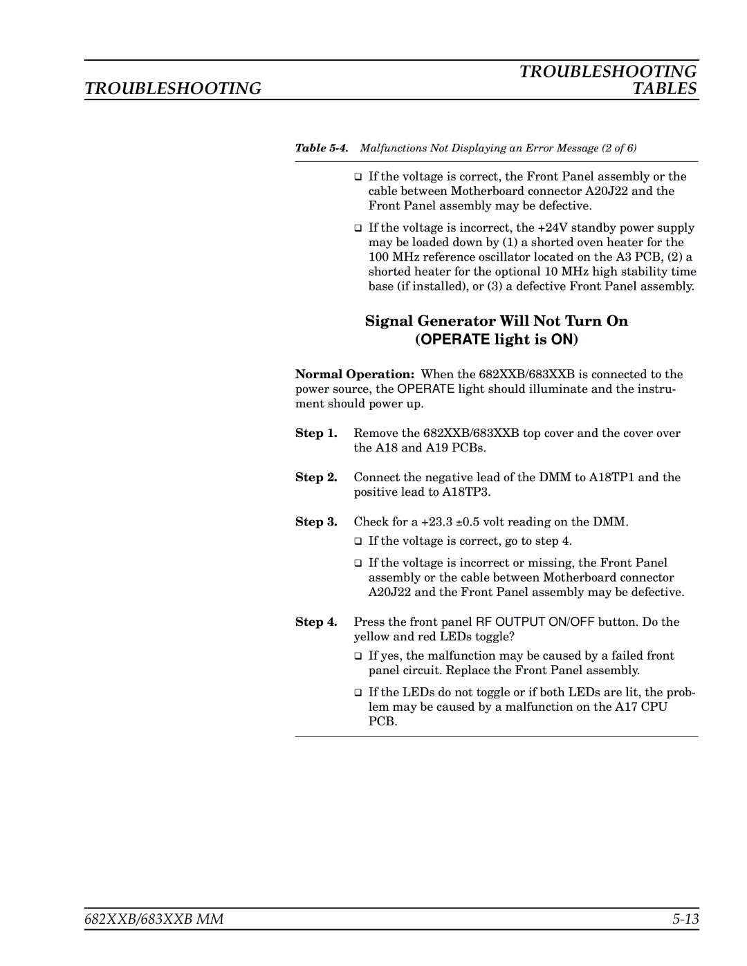 Anritsu 683XXB, 682XXB manual Signal Generator Will Not Turn On Operate light is on 