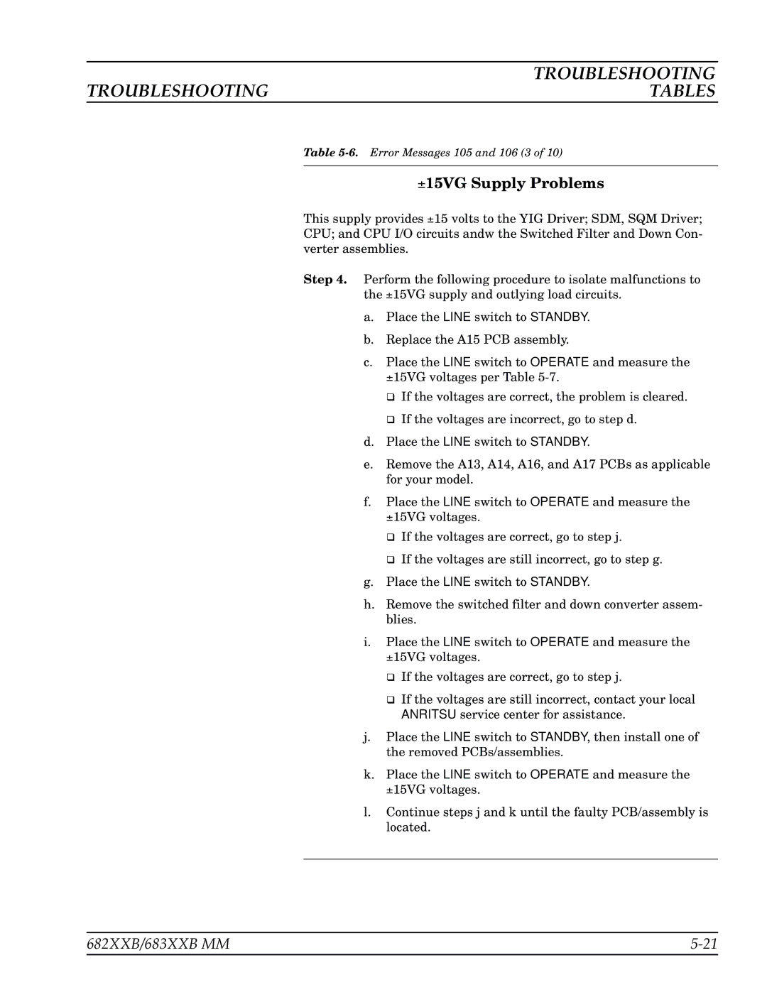 Anritsu 683XXB, 682XXB manual 15VG Supply Problems 