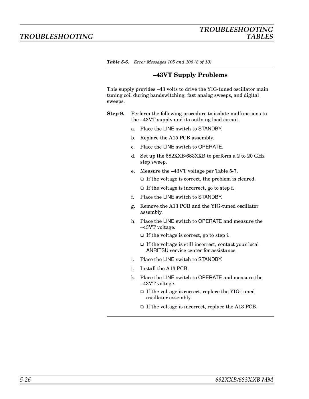 Anritsu 682XXB, 683XXB manual 43VT Supply Problems 