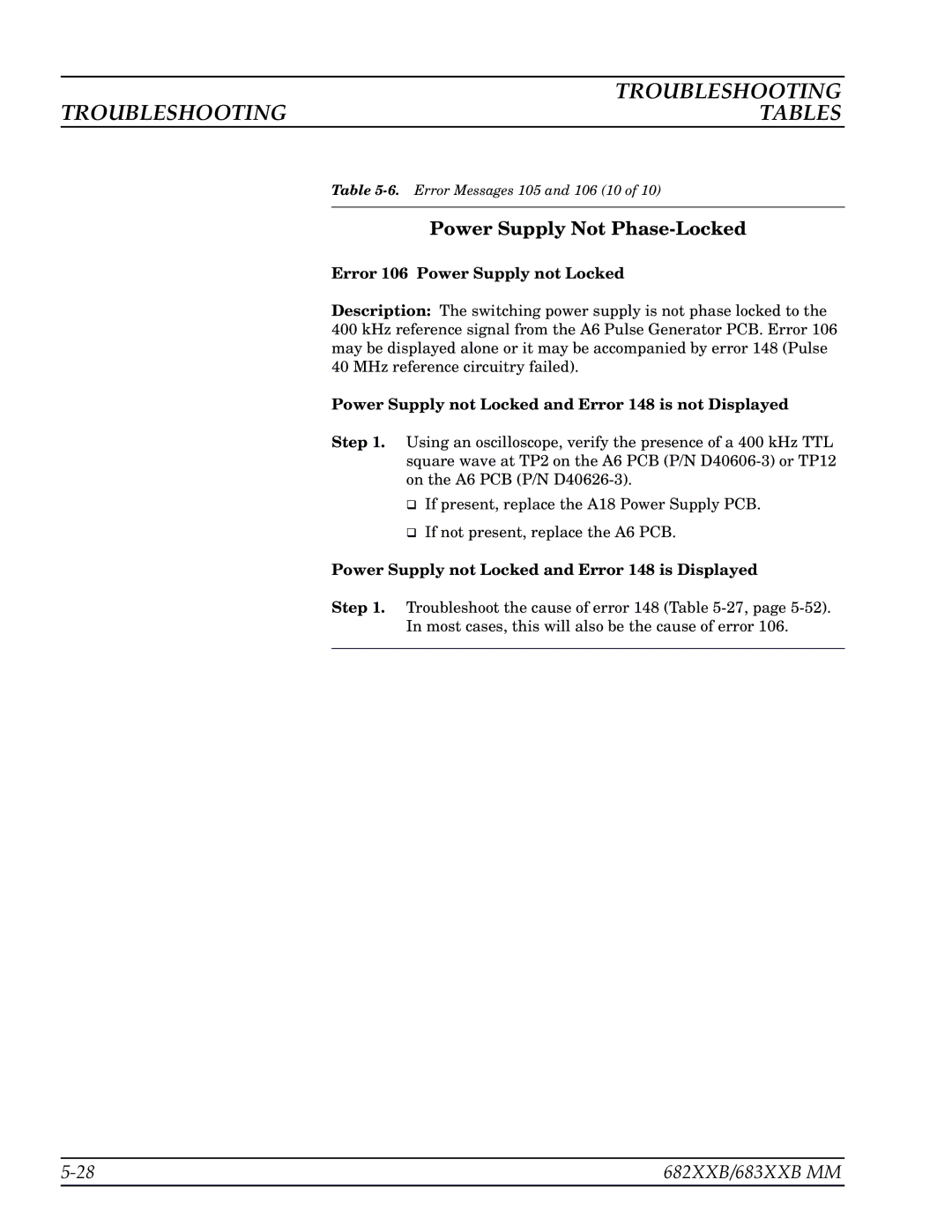 Anritsu 682XXB, 683XXB manual Error 106 Power Supply not Locked, Power Supply not Locked and Error 148 is not Displayed 
