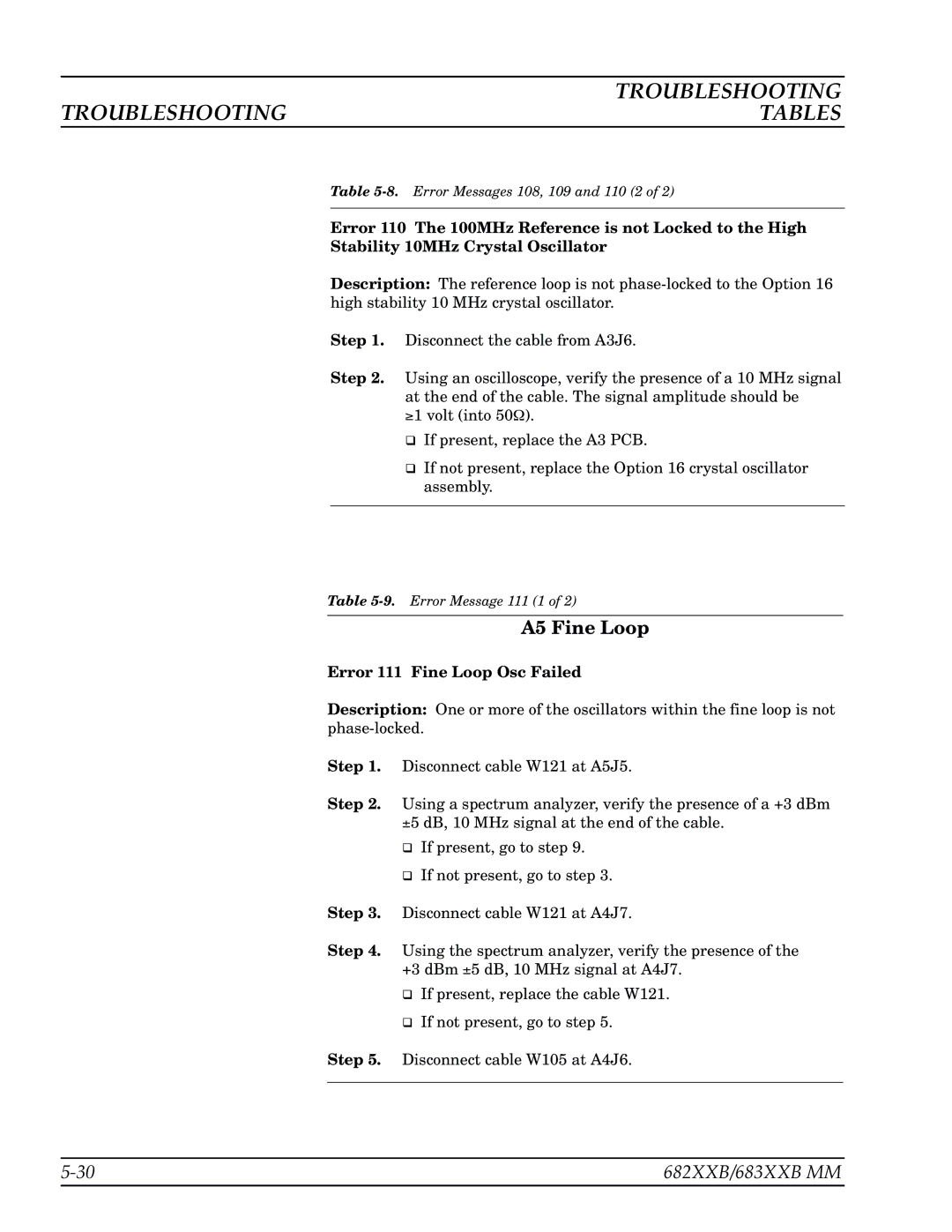 Anritsu 682XXB, 683XXB manual A5 Fine Loop, Error 111 Fine Loop Osc Failed 