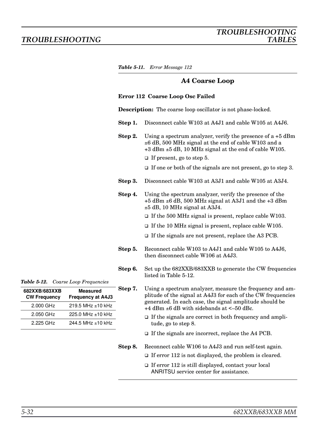 Anritsu manual Error 112 Coarse Loop Osc Failed, Step, 682XXB/683XXB Measured, CW Frequency Frequency at A4J3 