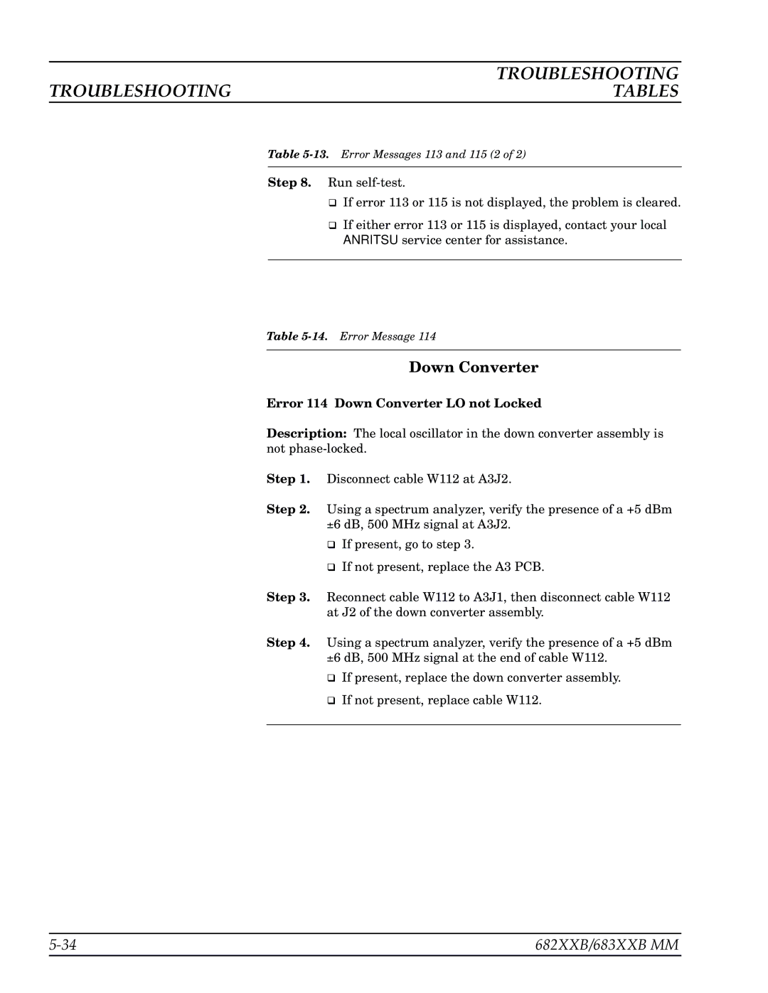 Anritsu 682XXB, 683XXB manual Error 114 Down Converter LO not Locked 