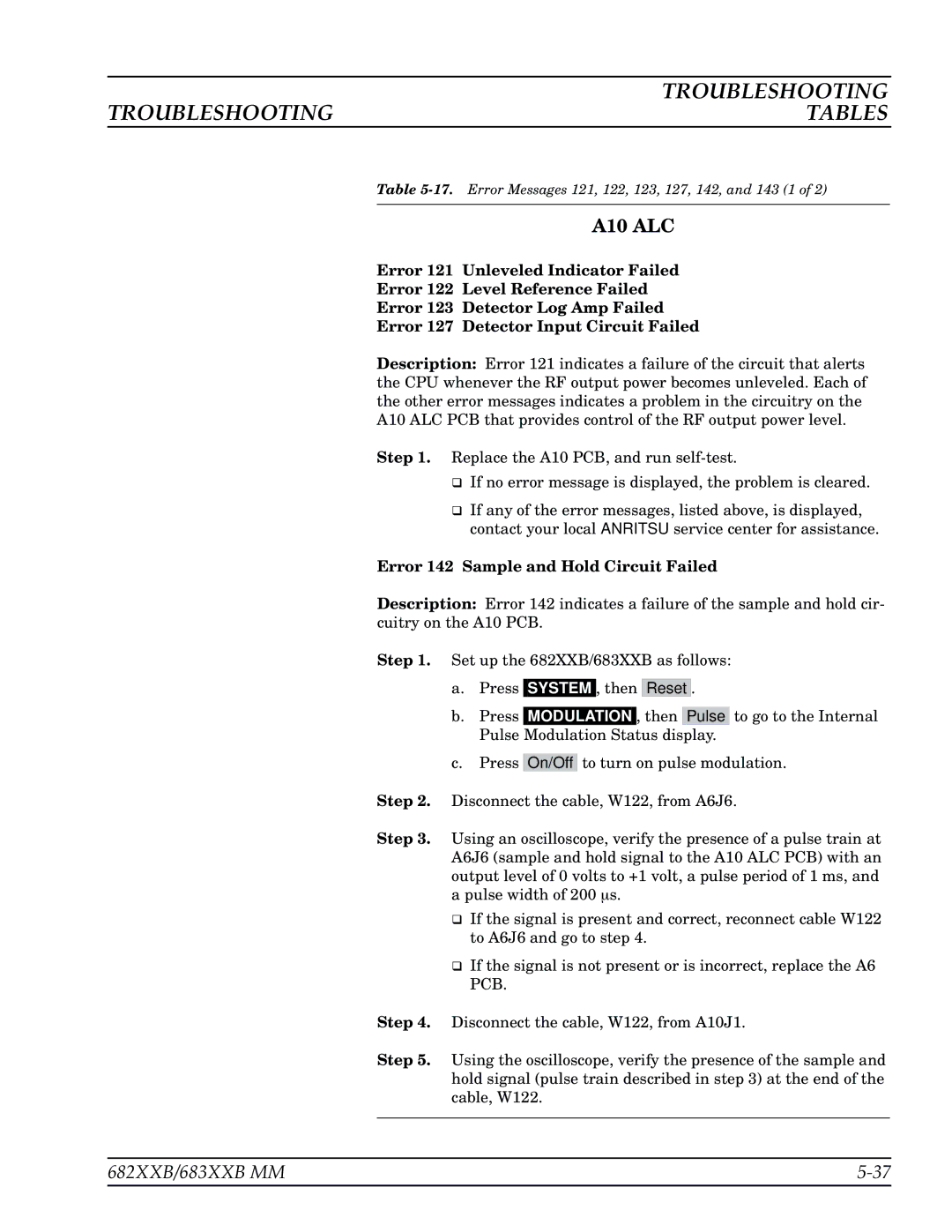 Anritsu 683XXB, 682XXB manual A10 ALC, Error 142 Sample and Hold Circuit Failed 