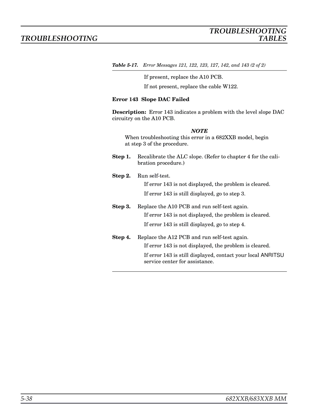 Anritsu 682XXB, 683XXB manual Error 143 Slope DAC Failed 