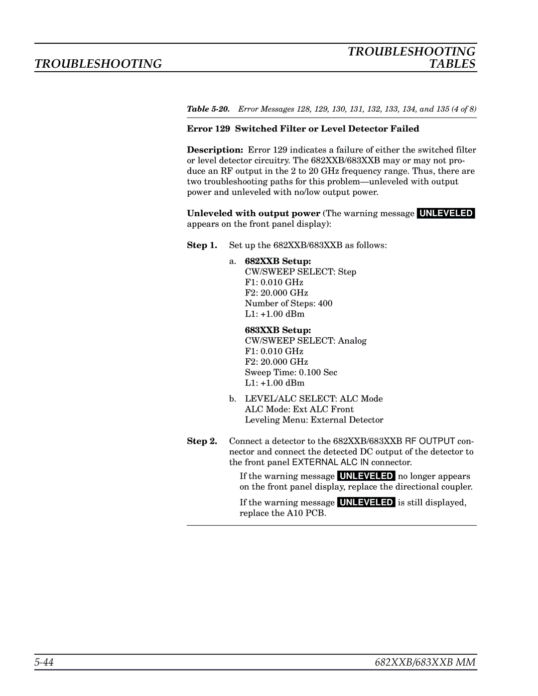 Anritsu 682XXB, 683XXB manual Error 129 Switched Filter or Level Detector Failed 