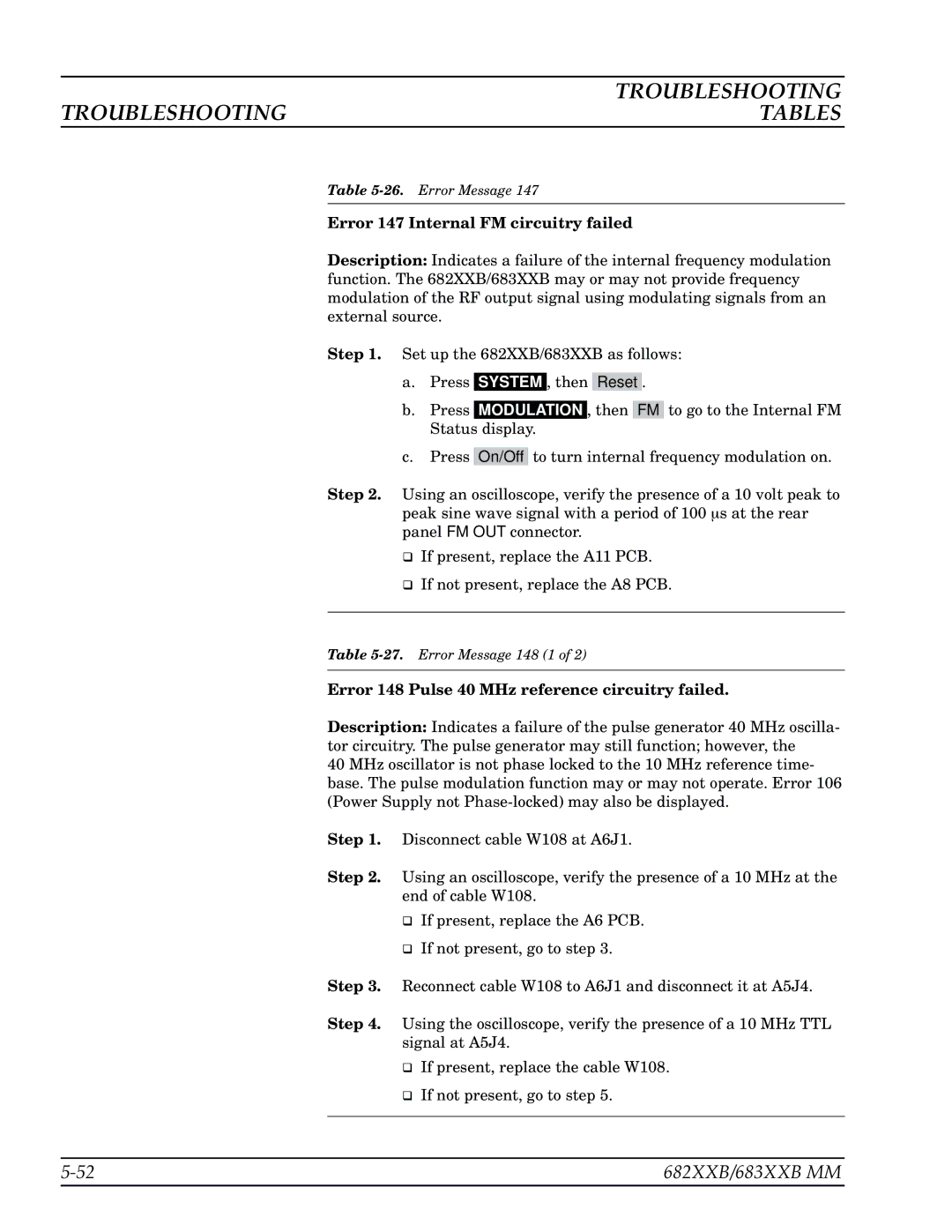 Anritsu 682XXB, 683XXB manual Error 147 Internal FM circuitry failed, Error 148 Pulse 40 MHz reference circuitry failed 