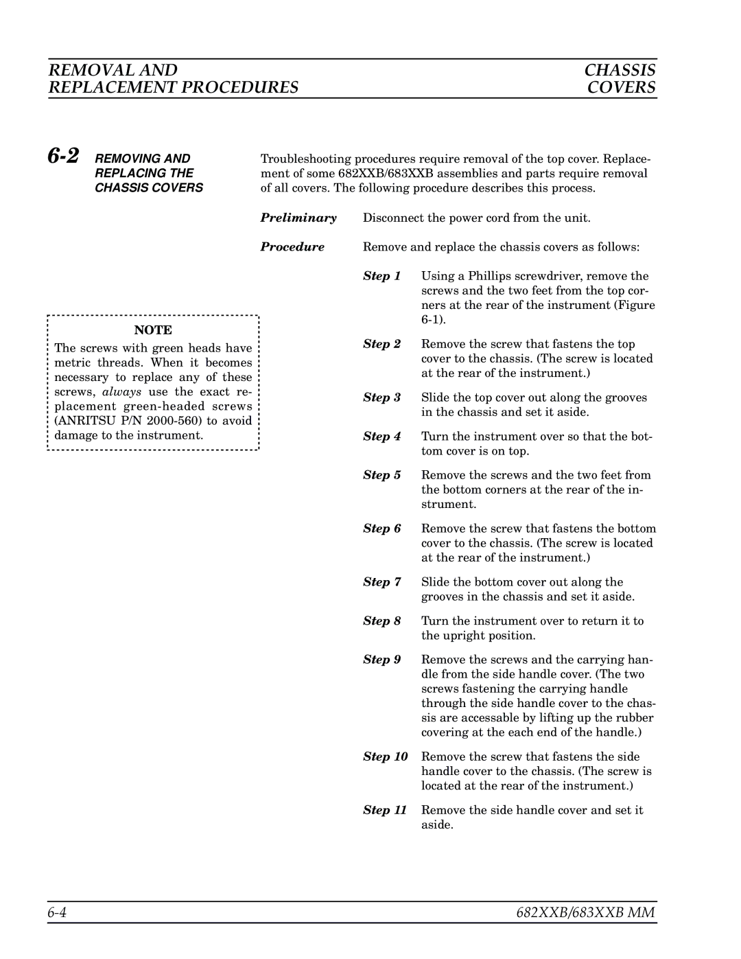 Anritsu 682XXB, 683XXB manual Removal, Replacement Procedures Covers, 2REMOVING, Replacing, Chassis Covers 