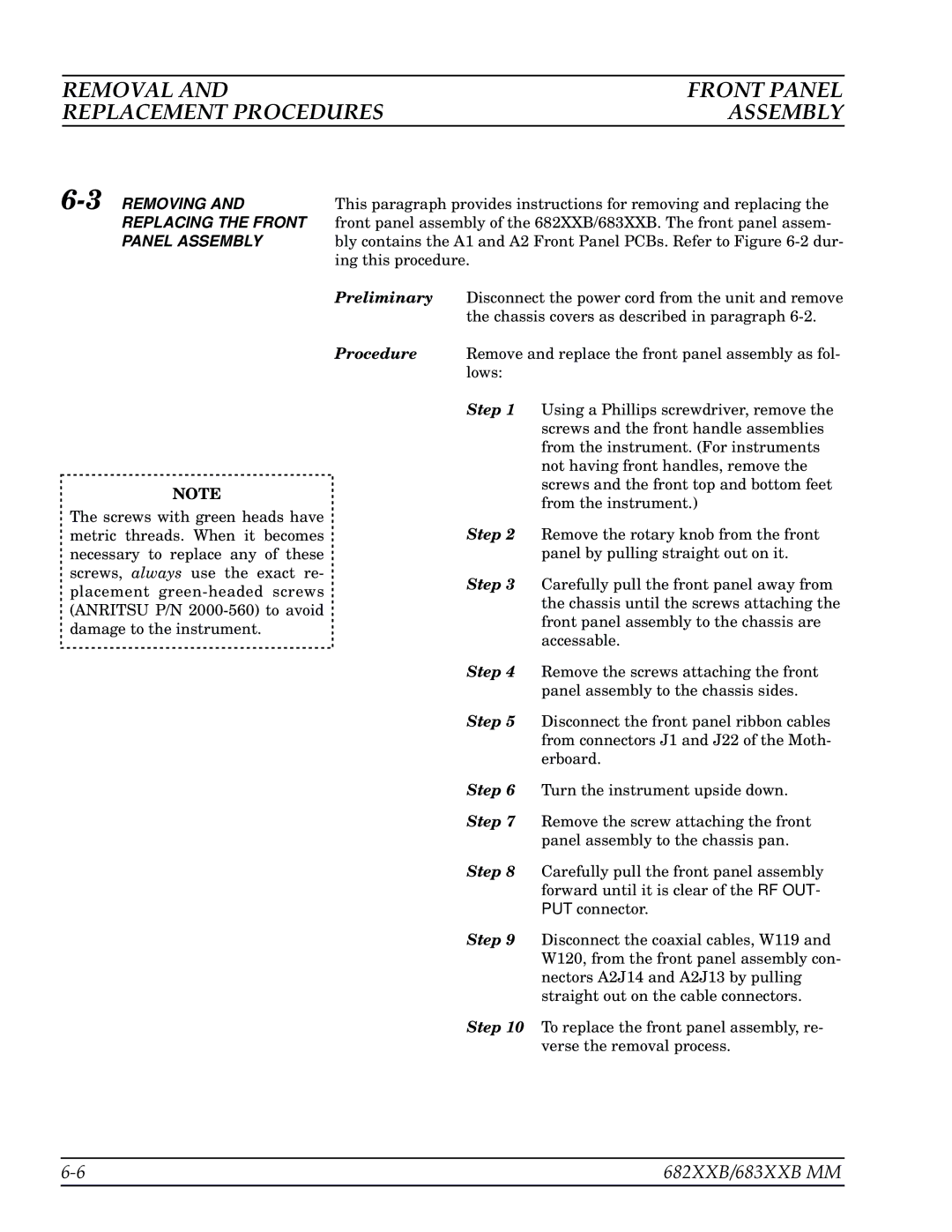 Anritsu 682XXB, 683XXB Removal Front Panel Replacement Procedures Assembly, 3REMOVING, Replacing the Front, Panel Assembly 
