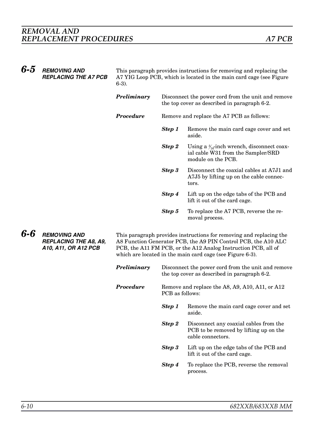 Anritsu 682XXB Removal Replacement Procedures A7 PCB, 5REMOVING, 6REMOVING and Replacing the A8, A9, A10, A11, or A12 PCB 