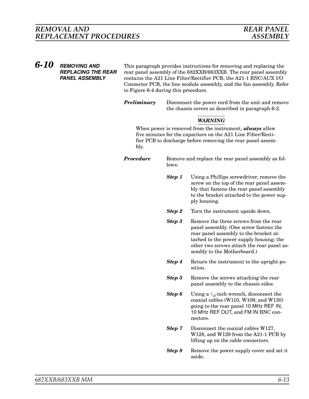 Anritsu 683XXB, 682XXB manual Removal Rear Panel Replacement Procedures Assembly, 10REMOVING, Replacing the Rear 