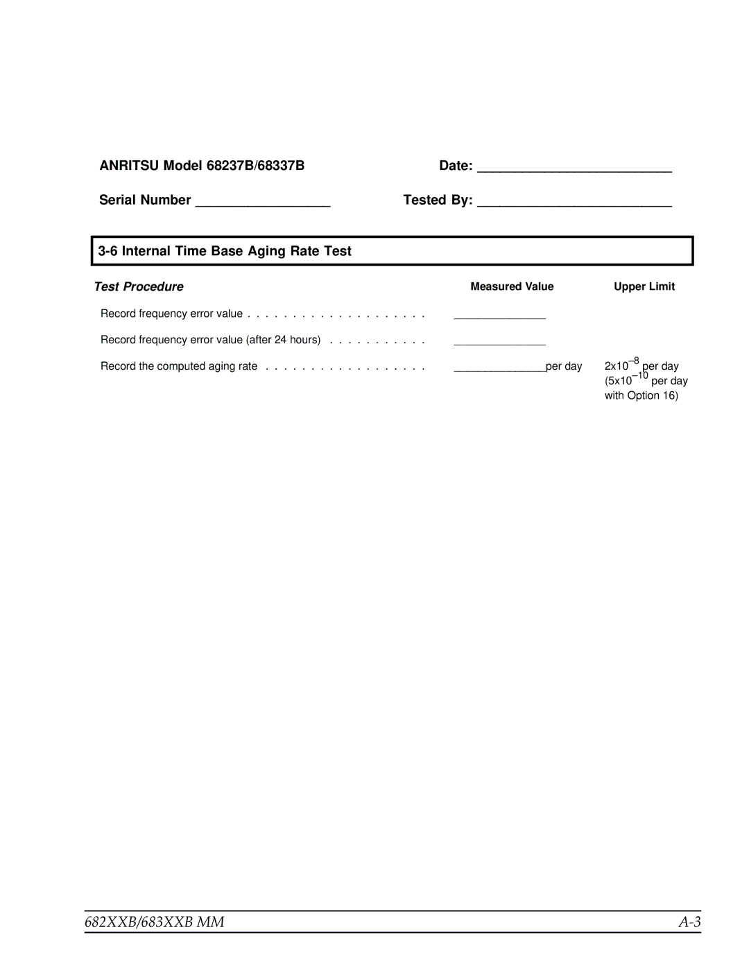 Anritsu 683XXB, 682XXB manual Test Procedure, Measured Value Upper Limit 