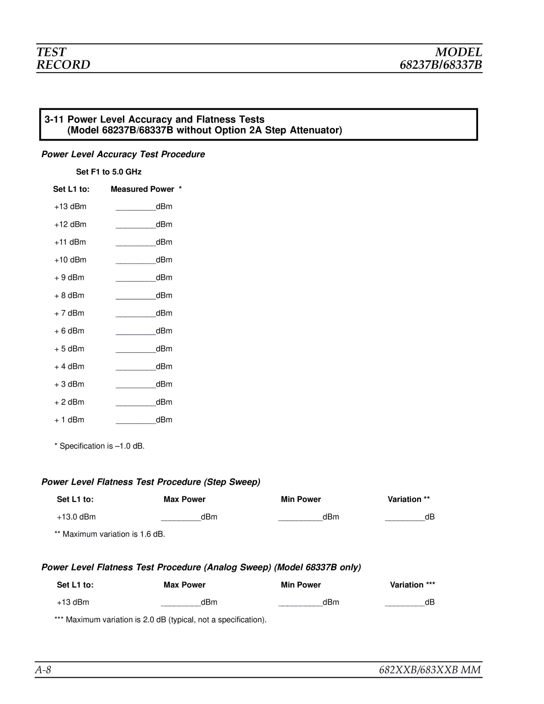 Anritsu 682XXB manual Set F1 to 5.0 GHz Set L1 to Measured Power, Set L1 to Max Power Min Power, +13.0 dBm DBm, +13 dBm DBm 