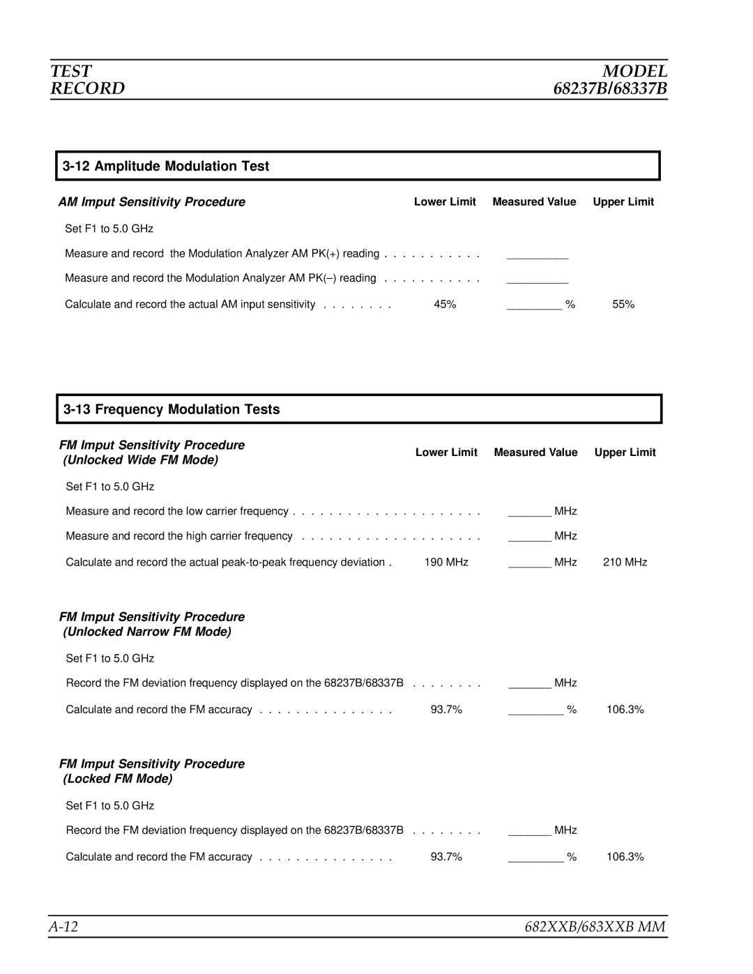 Anritsu 682XXB, 683XXB manual Amplitude Modulation Test, Frequency Modulation Tests, Lower Limit Measured Value Upper Limit 