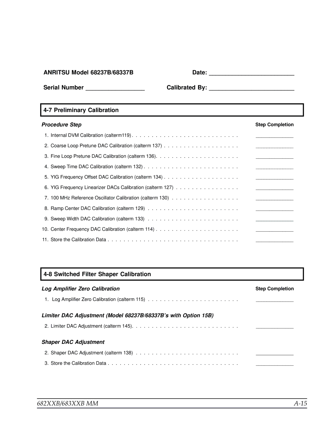 Anritsu 683XXB, 682XXB manual Switched Filter Shaper Calibration, Step Completion 