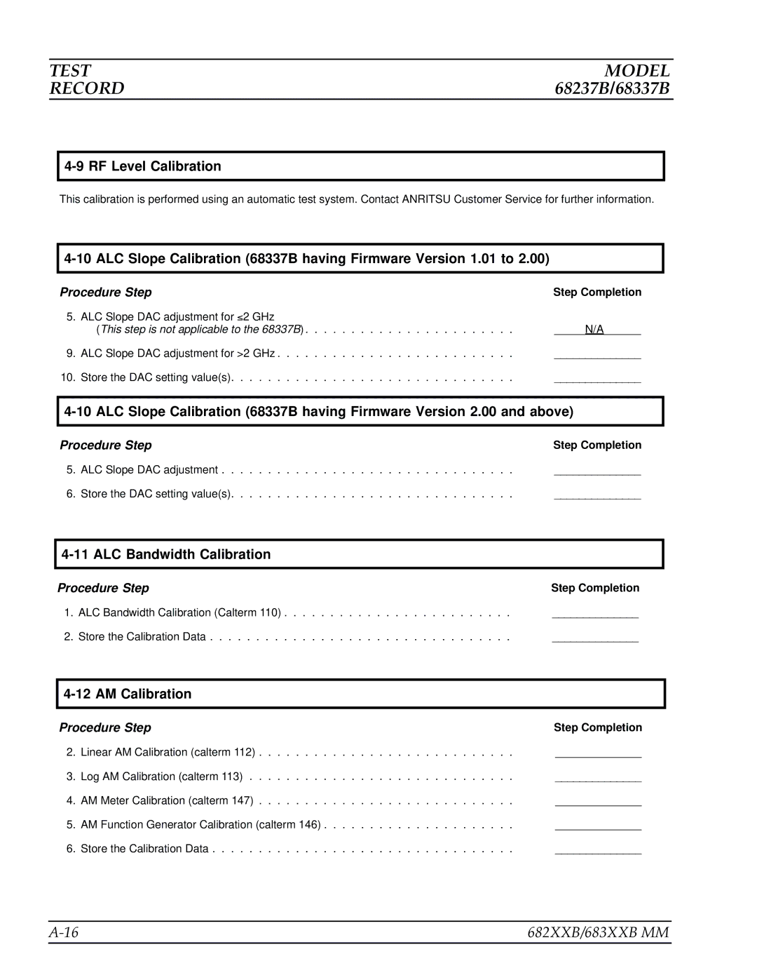 Anritsu 682XXB, 683XXB manual RF Level Calibration, ALC Bandwidth Calibration, AM Calibration 