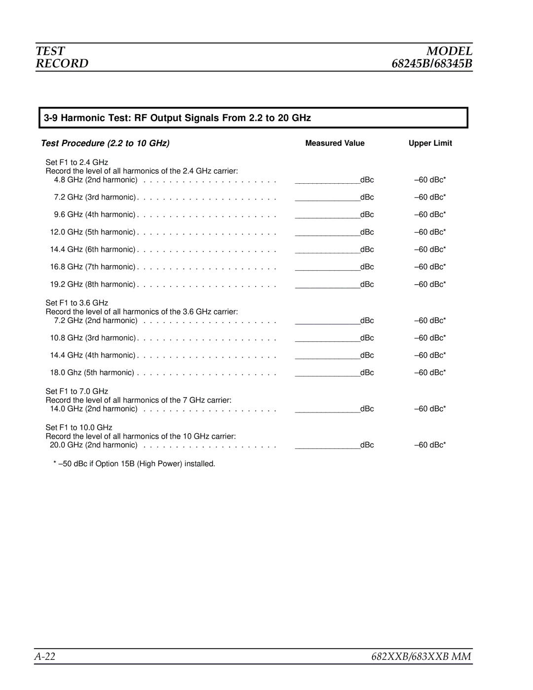 Anritsu 682XXB, 683XXB manual Harmonic Test RF Output Signals From 2.2 to 20 GHz, Test Procedure 2.2 to 10 GHz 