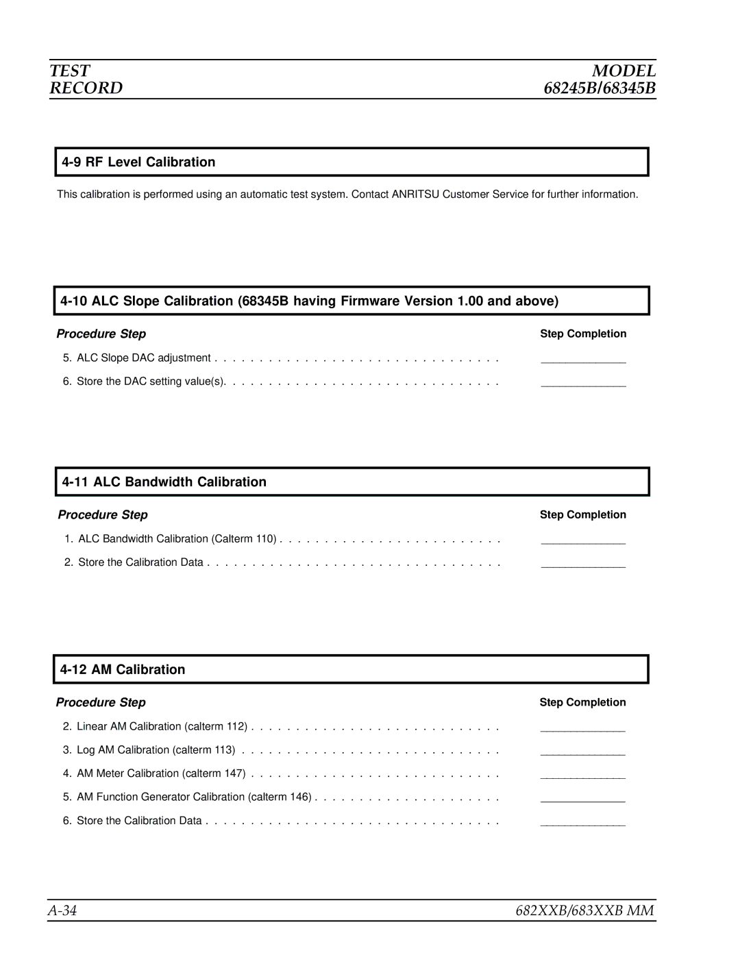 Anritsu 682XXB, 683XXB manual RF Level Calibration 