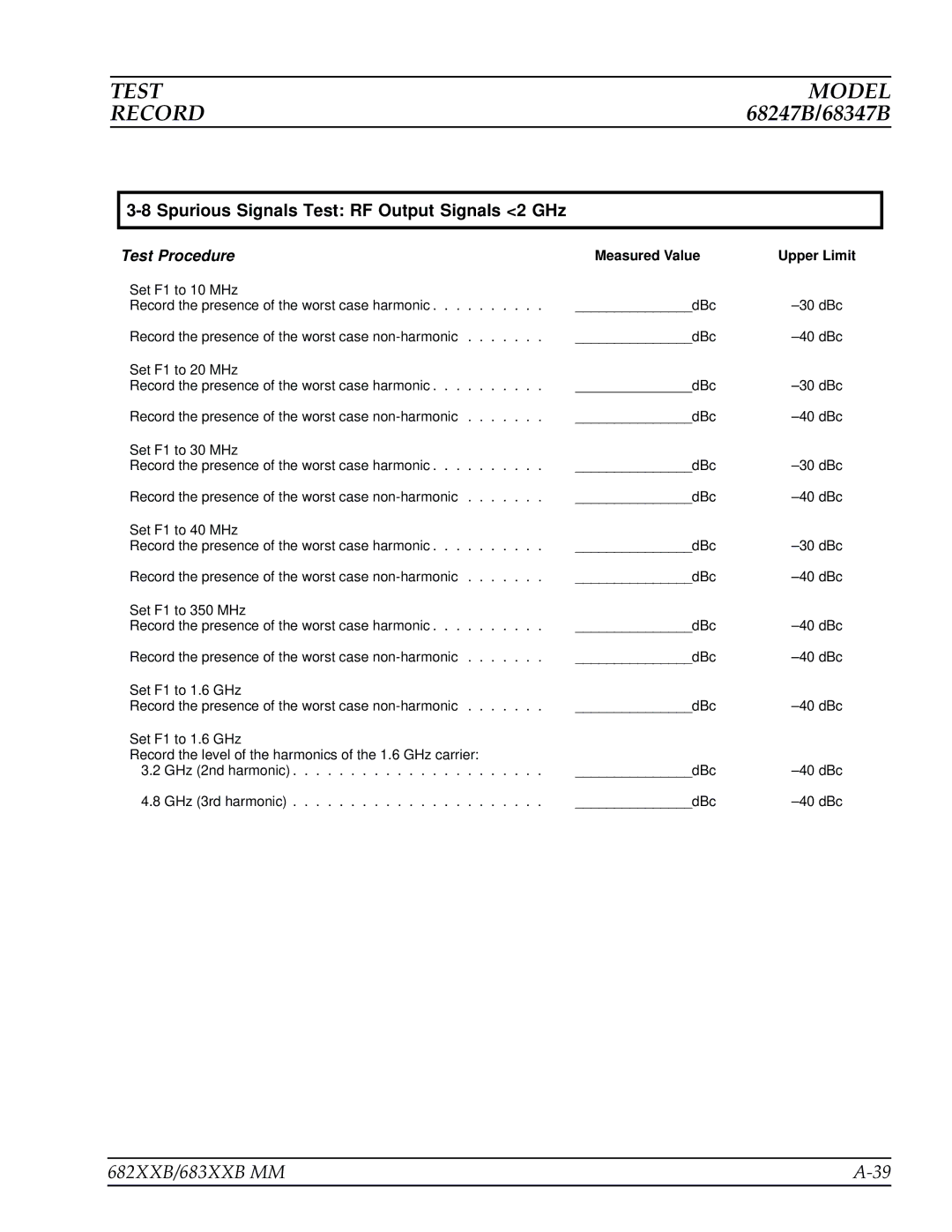 Anritsu 683XXB, 682XXB manual Record the presence of the worst case non-harmonic 