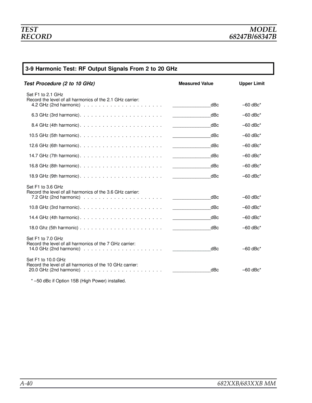 Anritsu 682XXB, 683XXB manual Harmonic Test RF Output Signals From 2 to 20 GHz 