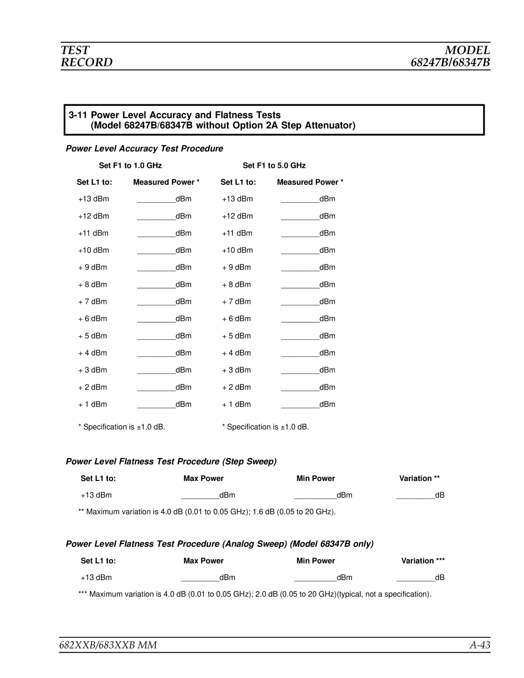 Anritsu 683XXB, 682XXB manual Power Level Accuracy Test Procedure 