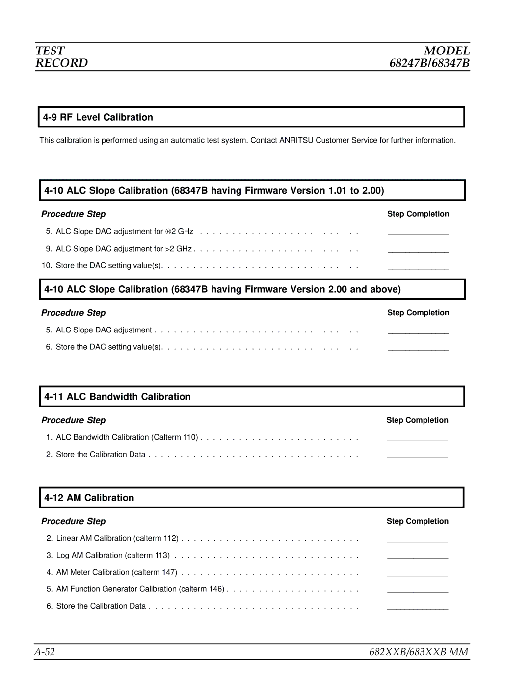 Anritsu 682XXB, 683XXB manual ALC Slope Calibration 68347B having Firmware Version 1.01 to 