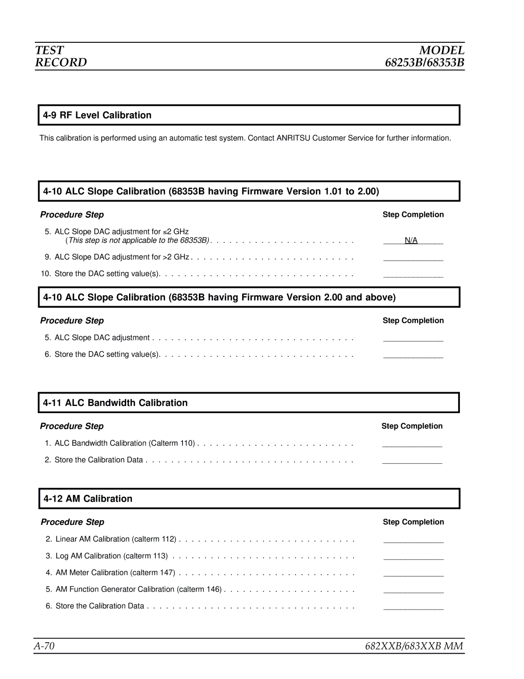 Anritsu 682XXB, 683XXB manual ALC Slope Calibration 68353B having Firmware Version 1.01 to 