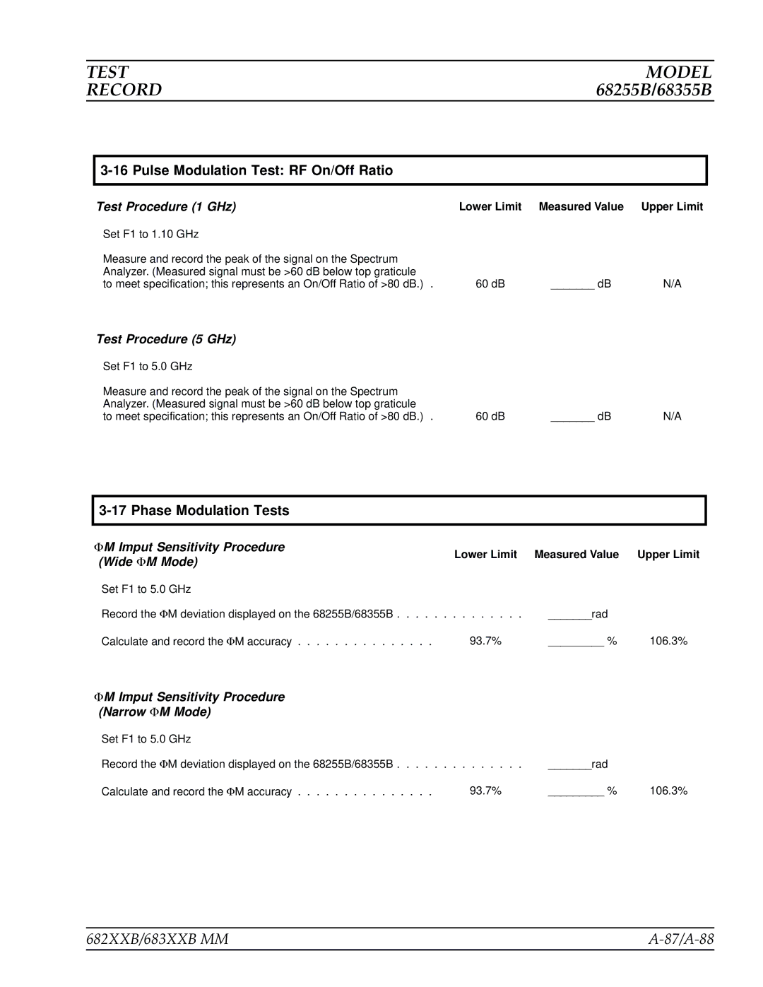 Anritsu manual 682XXB/683XXB MM 87/A-88, Pulse Modulation Test RF On/Off Ratio 