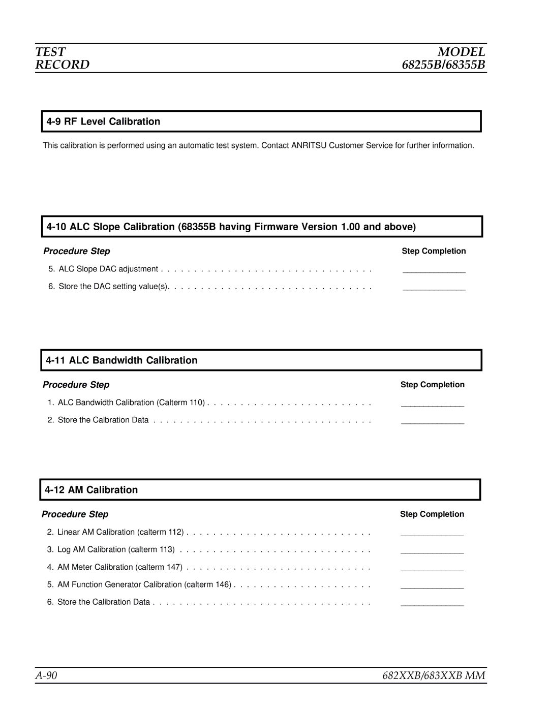 Anritsu 682XXB, 683XXB manual ALC Bandwidth Calibration Calterm Store the Calbration Data 