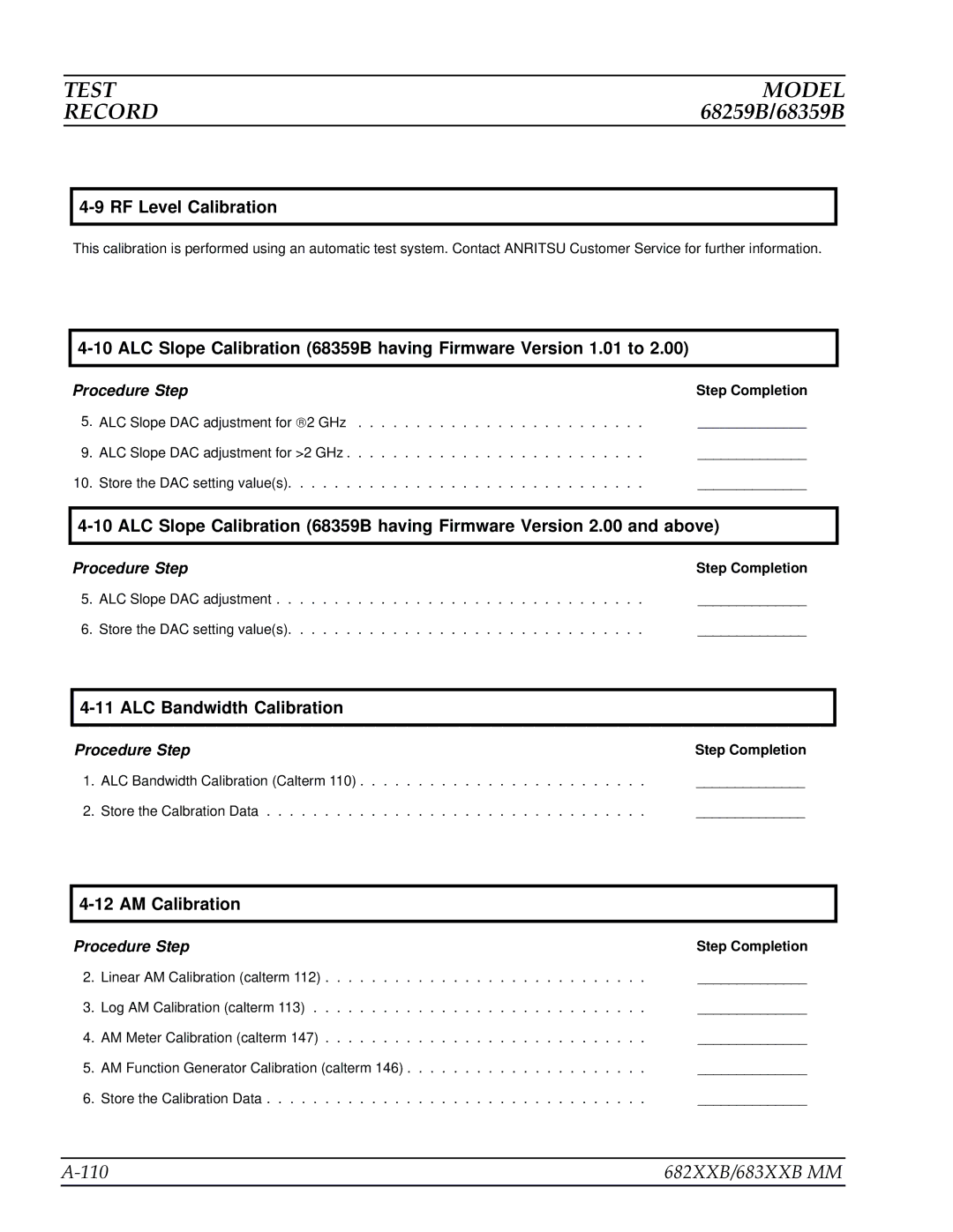 Anritsu manual 110 682XXB/683XXB MM, ALC Slope Calibration 68359B having Firmware Version 1.01 to 