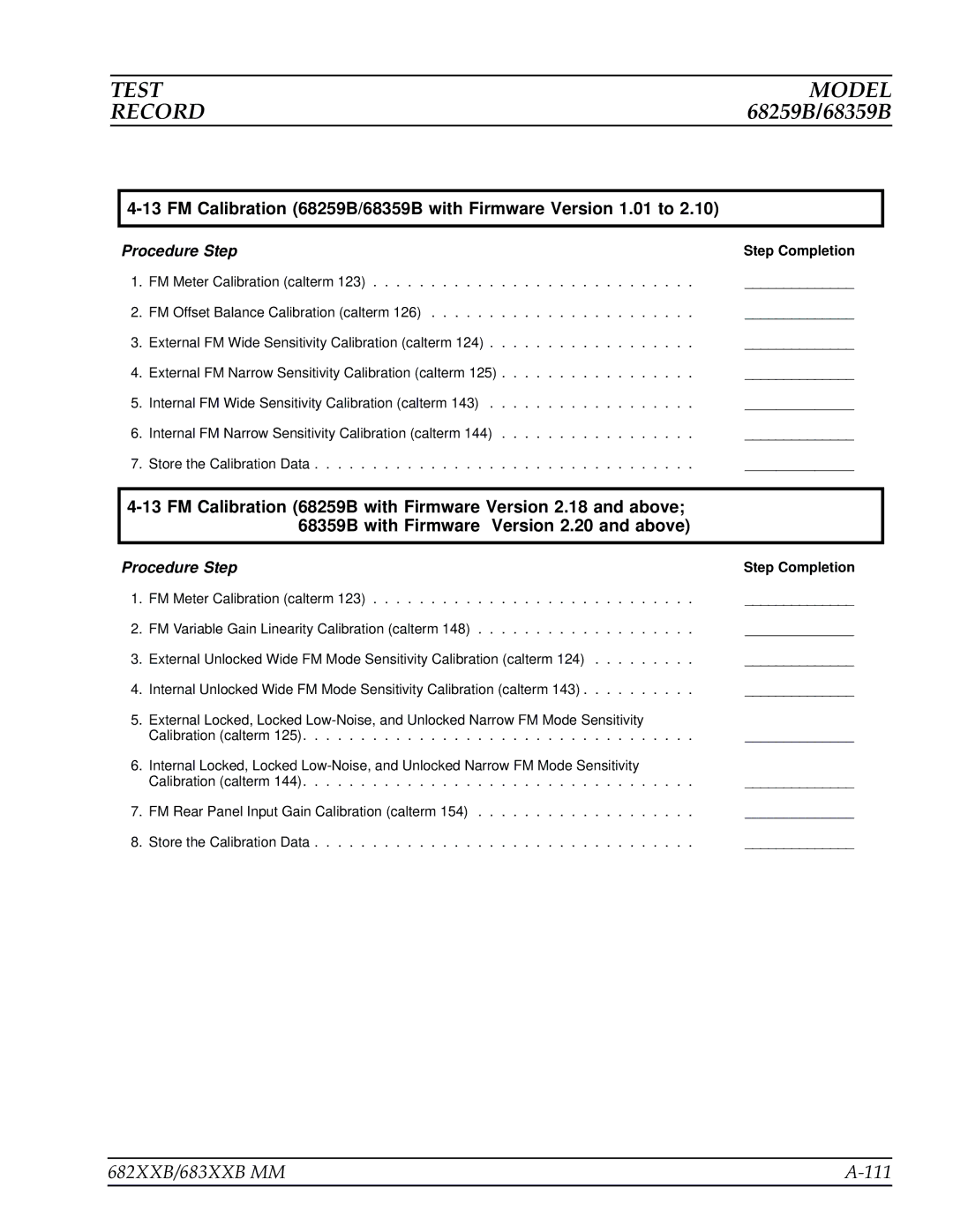 Anritsu manual 682XXB/683XXB MM 111, FM Calibration 68259B/68359B with Firmware Version 1.01 to 