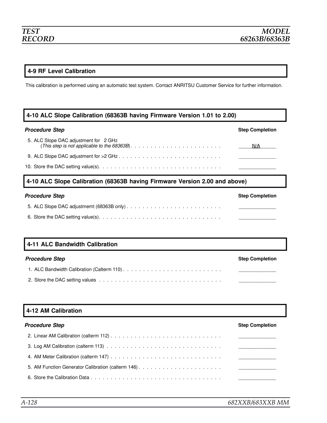 Anritsu manual 128 682XXB/683XXB MM, ALC Slope Calibration 68363B having Firmware Version 1.01 to 